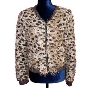 Lpve Culture faux fur leopard animal print zipper jacket size Large Like New